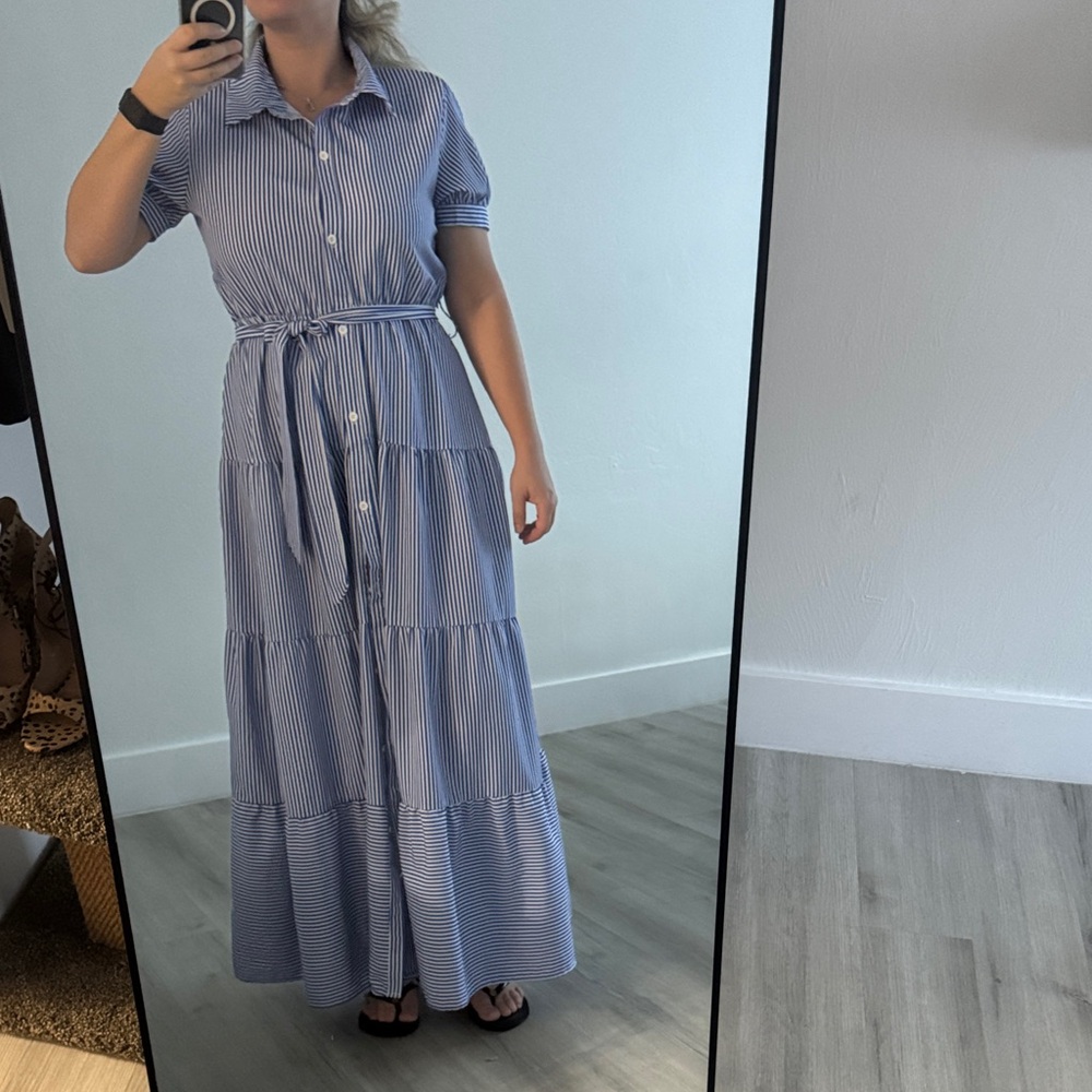Striped Blue Maxi Dress with Tie Waist
